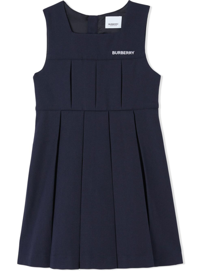 Burberry Embroidered-logo Pleated Wool Dress In Blue