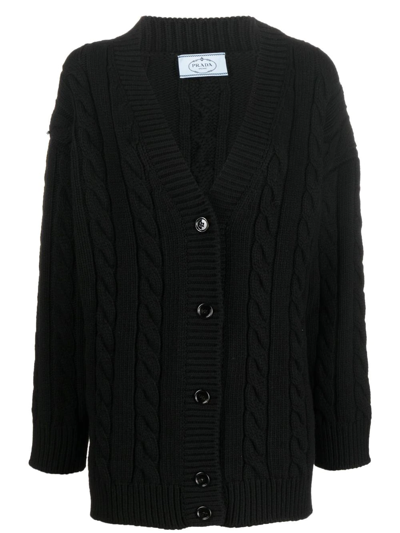 Prada V-neck Cable-knit Cardigan In Black