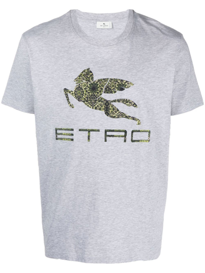 Etro Pegaso-print Cotton T-shirt In Gray