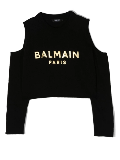 Balmain Kids' Cold-shoulder Logo-print Virgin Wool Top In Nero