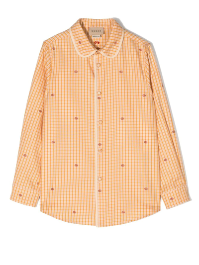 Gucci Kids' Check-print Embroidered Shirt In Orange