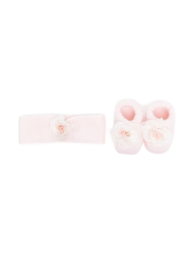 La Perla Babies' Floral-appliqué Booties & Headband Set In Pink