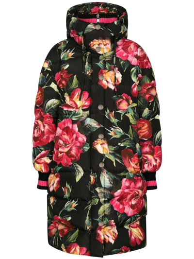Dolce & Gabbana Women's Long Quilted Hooded Floral Jacket In Rose Fdo Nero