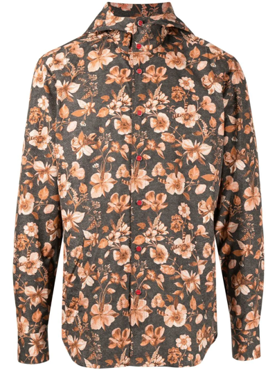 Kiton Floral-print Hooded Jacket In Brown