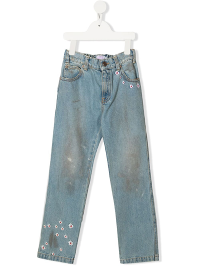 Erl Kids' Blue Floral Embroidered Straight Leg Jeans