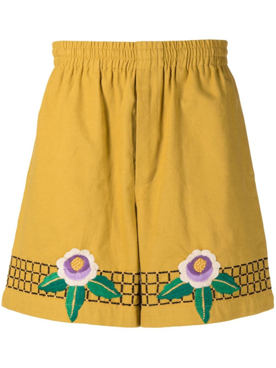 Bode Floral-embroidered Track Shorts In Yellow