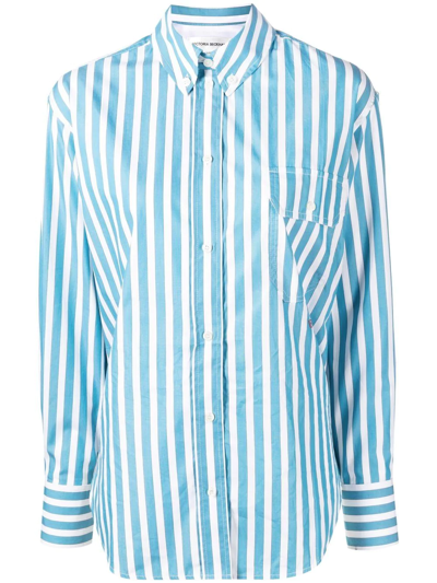 Victoria Beckham Stripe Oversized Men's Button-down Shirt In Teal/white