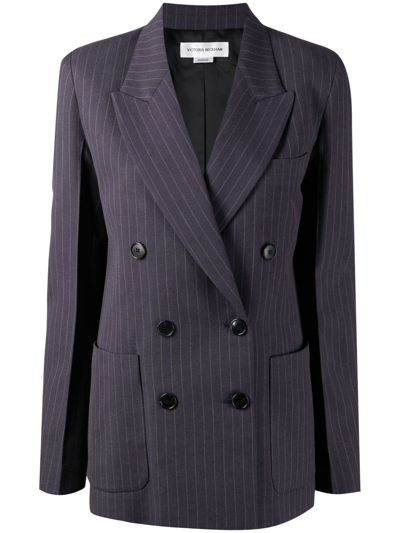 Victoria Beckham Double-breasted Pinstriped Woven Blazer In Blue