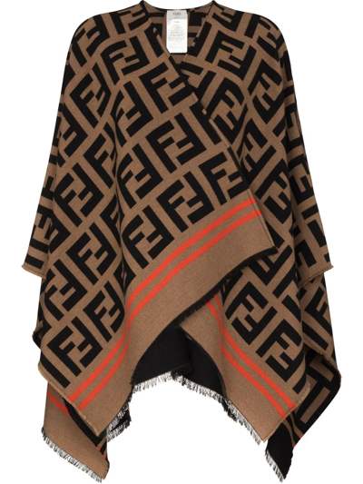 Fendi Ff-logo Reversible Wool-blend Poncho In Brown,black,orange