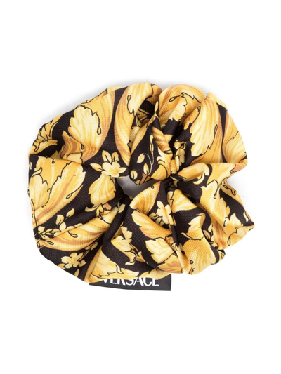 Versace Kids' Barocco-print Logo-tag Scrunchie In Yellow