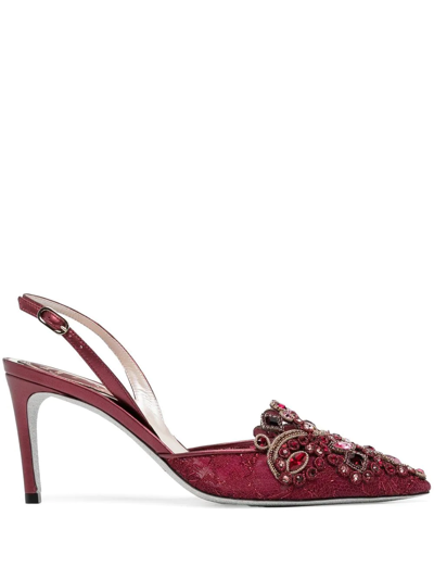 René Caovilla 85mm Embellished Lace Slingback Pumps In Rot