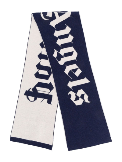 Palm Angels Kids' Logo-intarsia Double-sided Knitted Scarf In Navy