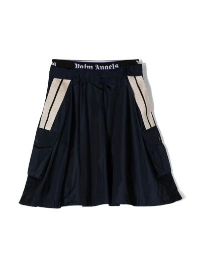 Palm Angels Kids' Logo-waistband Pleated Skirt In Blue