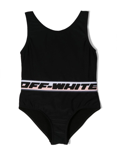 Off-white Kids' Logo-tape U-neck Swimsuit In Black