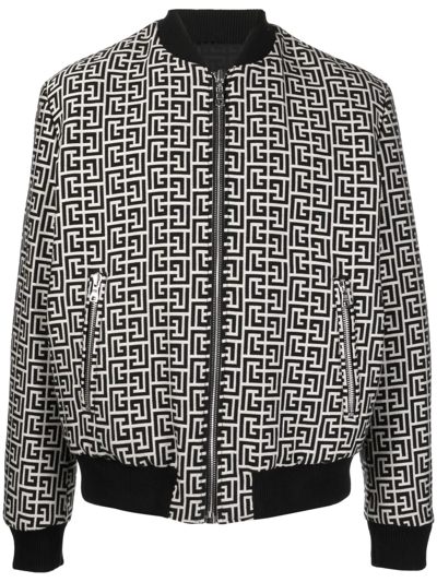 Balmain Monogram-pattern Reversible Bomber Jacket In Black White