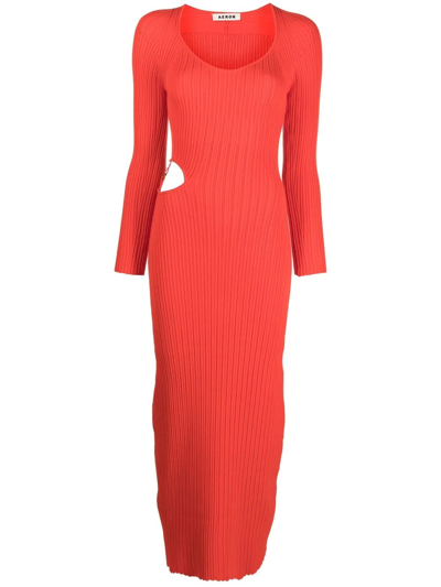 Aeron Vivier Rib-knit Long Sleeve Cut-out Maxi Dress In Orange