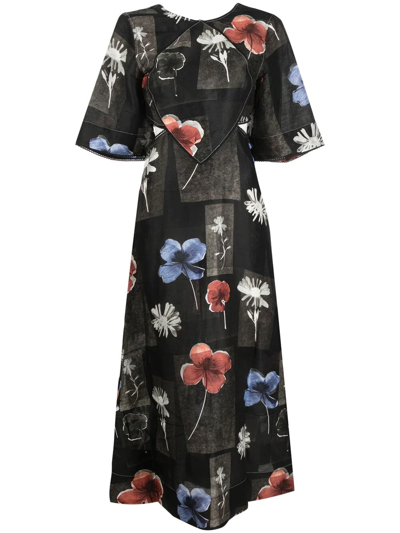 ganni floral print maxi dress Ganni BLUE FLORAL CRINKLED SATIN LONG DRESS