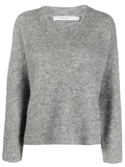 Gestuz Ribbed V-neck Sweater In Grey