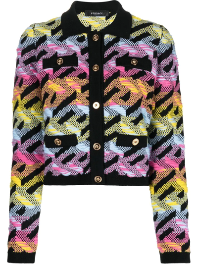 Versace Geometric Monogram Knit Cardigan In Neutral