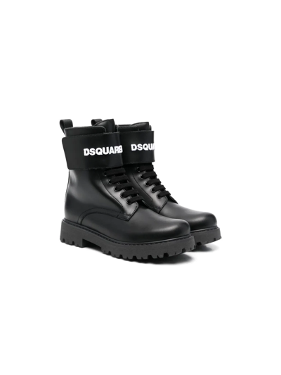 Dsquared2 Kids' Logo-print Strap Ankle Boots In Black