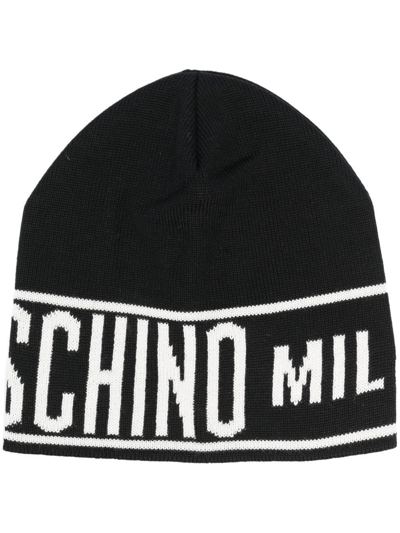 Moschino Ribbed Knit Two-tone Design Hat In Black
