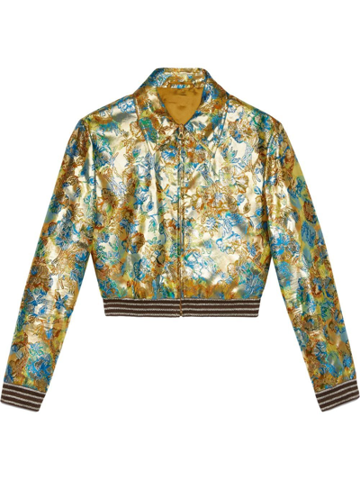 Gucci Love Parade Cropped Logo-appliquéd Silk-blend Brocade Bomber Jacket In Gold
