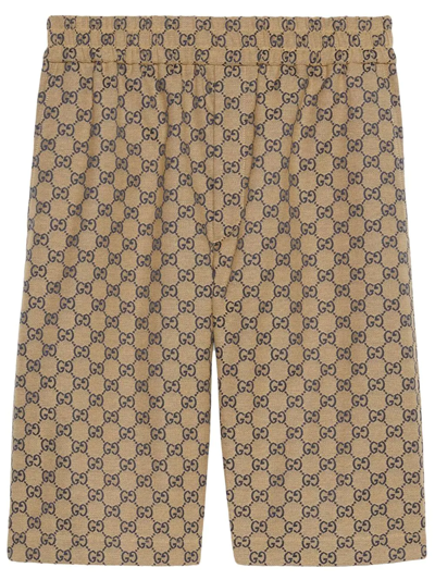 Gucci Wide-leg Logo-jacquard Cotton-blend Drawstring Shorts In Neutrals