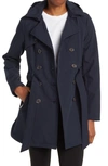 Sebby Water-resistant Hooded Double-breasted Trench Coat In Navy