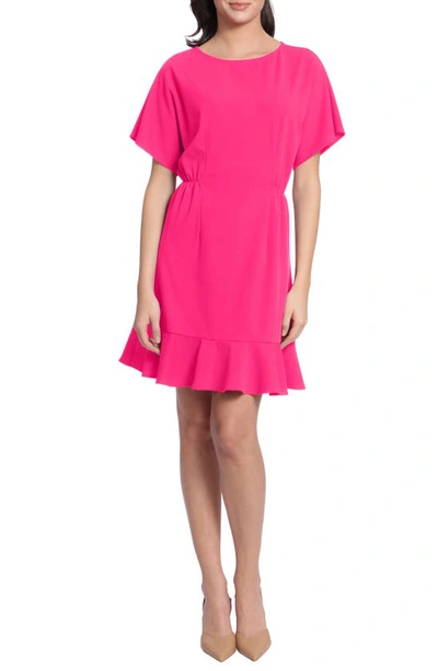 Donna Morgan Ruffle Hem Short Sleeve Dress In Electric Pink
