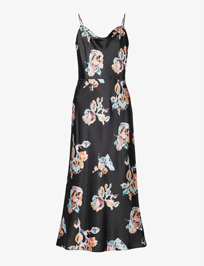 Vince Abstract-pattern Cowl-neck Satin Midi Dress In Black