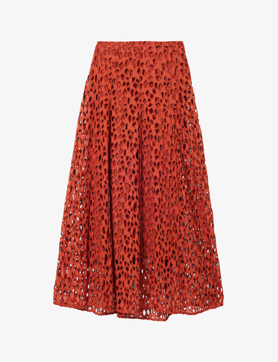 Vince Lace-overlay Panelled Cotton Midi Skirt In Rust Amber-930rua