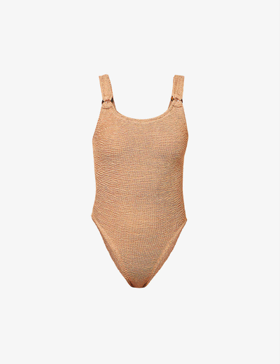 Hunza G Domino Seersucker-weave Swimsuit In Metallic Cocoa