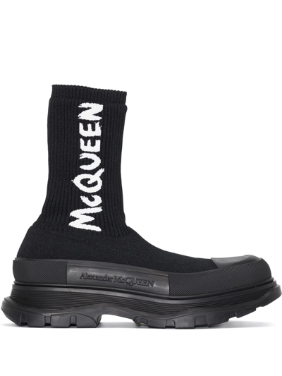 Alexander Mcqueen Logo印花袜式短靴 In Black