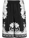 Versace Silver Baroque Print Silk Twill Shorts In Schwarz