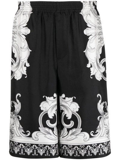 Versace Silver Baroque Print Silk Twill Shorts In Black