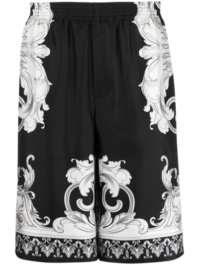 Versace Silver Baroque Print Silk Twill Shorts In Black White