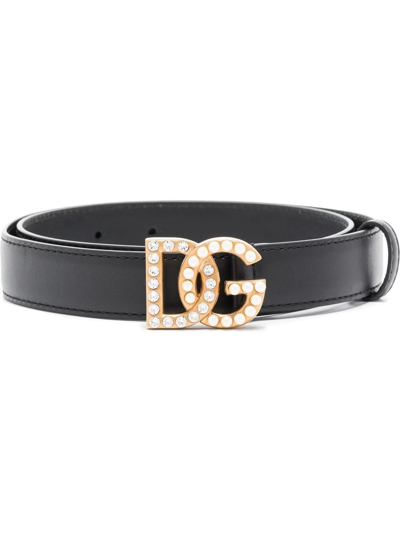 Dolce & Gabbana Embellished Dg Logo Buckle Belt In Calf Leather In Black