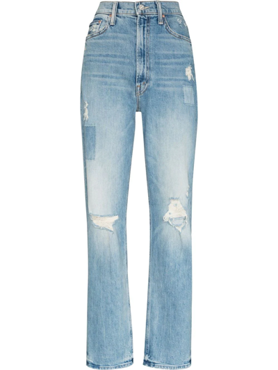 Mother Study Hover High-waist Distressed Jeans In Blue