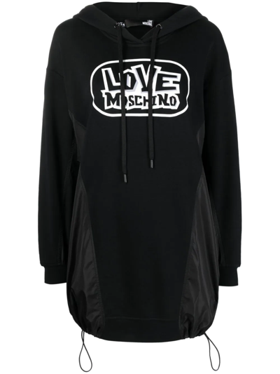Love Moschino Logo Print Hooded Sweater Dress In Black