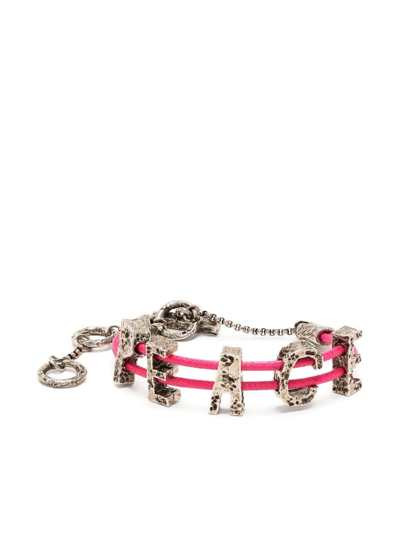 Acne Studios Peace Lettered String Bracelet In Bright Pink & Antique Silver