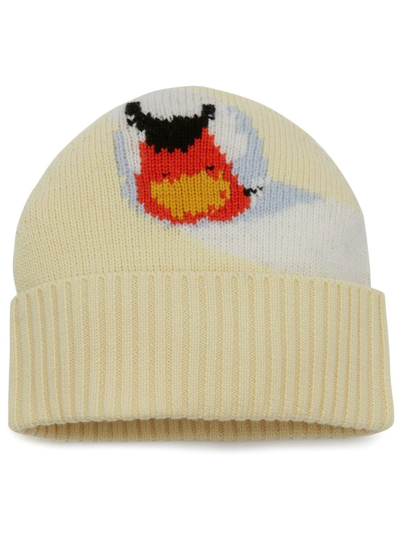 Jw Anderson Intarsia Beanie Hat With Swan Motif In Yellow