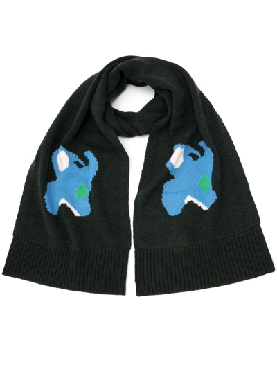 Jw Anderson Intarsia Scarf With Elephant Motif In Green