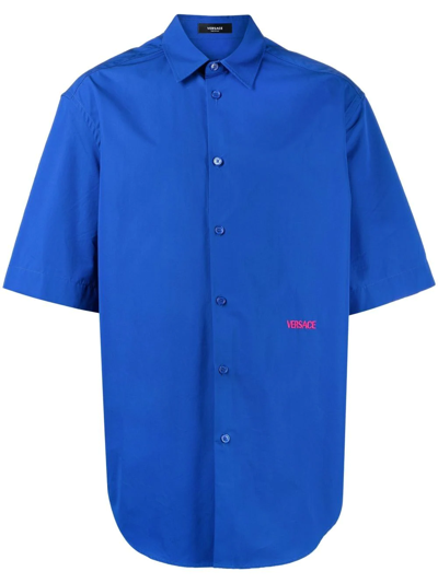 Versace Contrast-logo Poplin Bowling Shirt In Blau