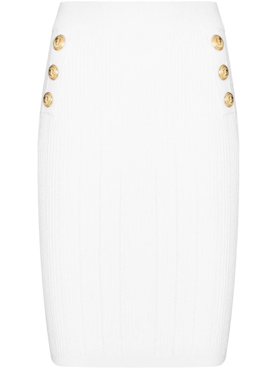 Balmain White Button Trim High Waist Knitted Skirt