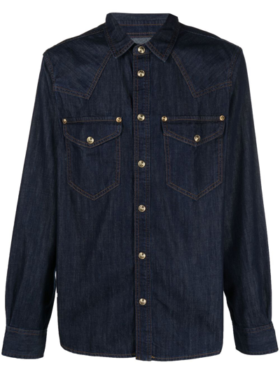 Versace Jeans Couture Long-sleeved Denim Shirt In Blue