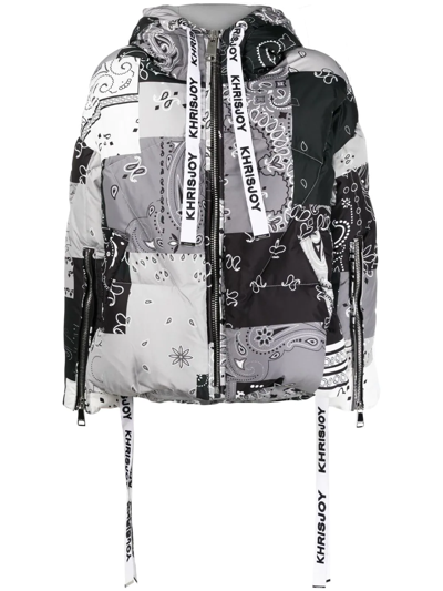 Khrisjoy Puffer Heavy Jacket With Bandana Print In Grey