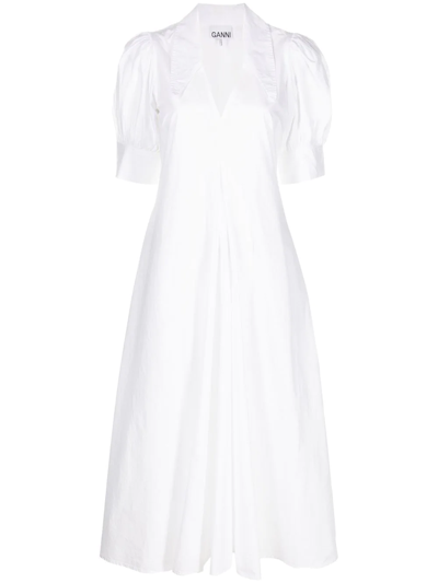 Ganni V-neck Organic Cotton Midi Dress In Bright White
