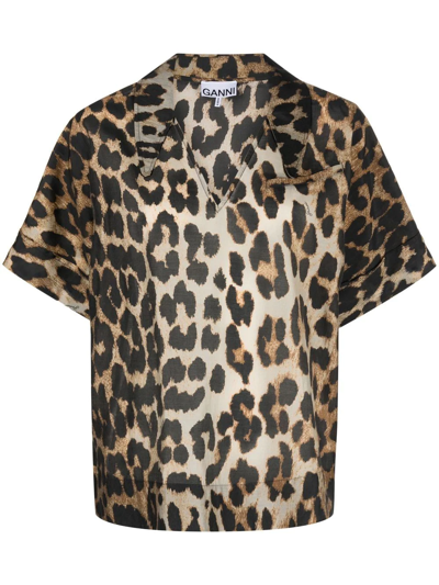 Ganni Leopard-print Short-sleeve Blouse In Brown