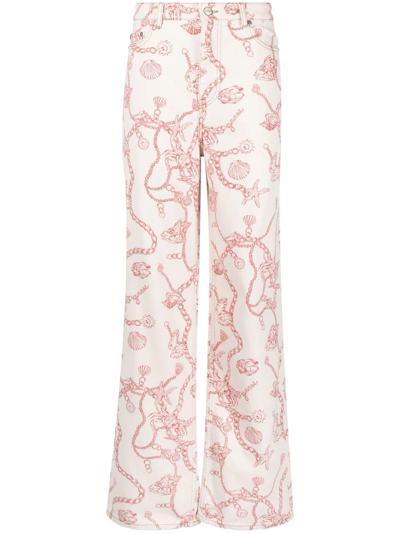 Ganni Graphic-print Organic Cotton Wide-leg Jeans In Pink White
