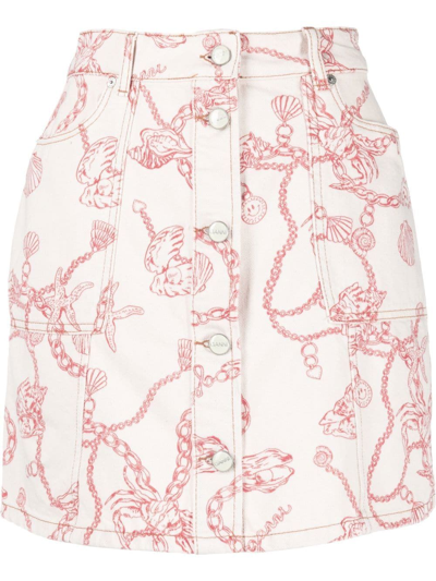 Ganni Graphic-print Organic Cotton Button-up Skirt In Egret